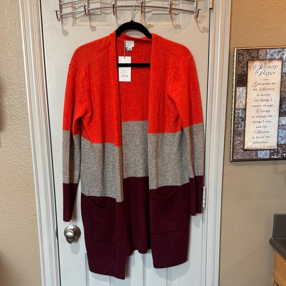 Colorblock Open-Front Women’s Cardigan Sweater - Orange, Gray, Burgundy